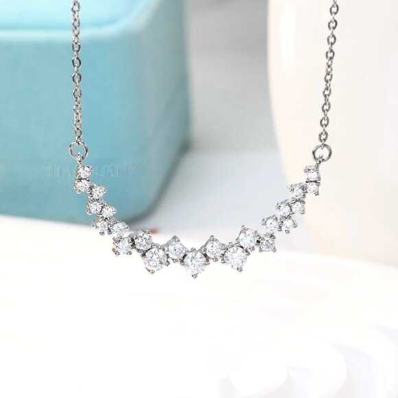 NEW Cluster Necklace 16” 14K White Gold Plated CZ Wedding Minimalist Dainty - Picture 6 of 16